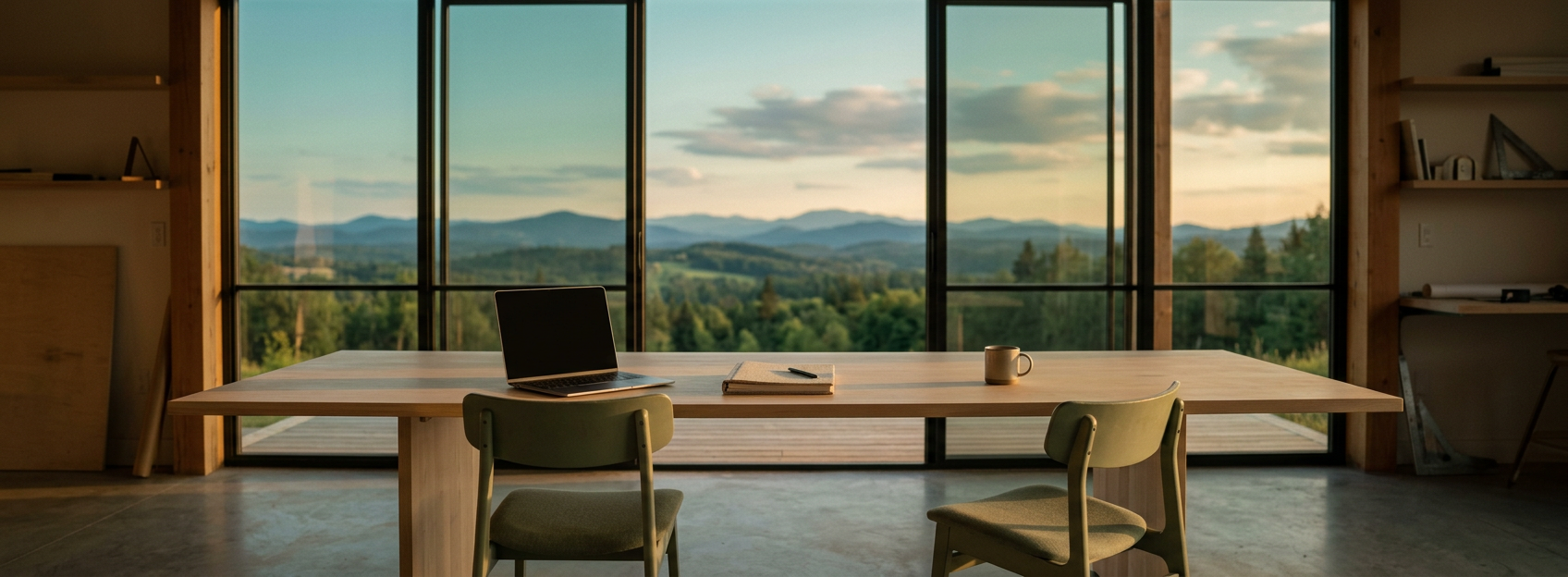 A long wooden desk with an open laptop, a closed notebook and a mug, in front of tall windows that look out over hills and mountains at sunset